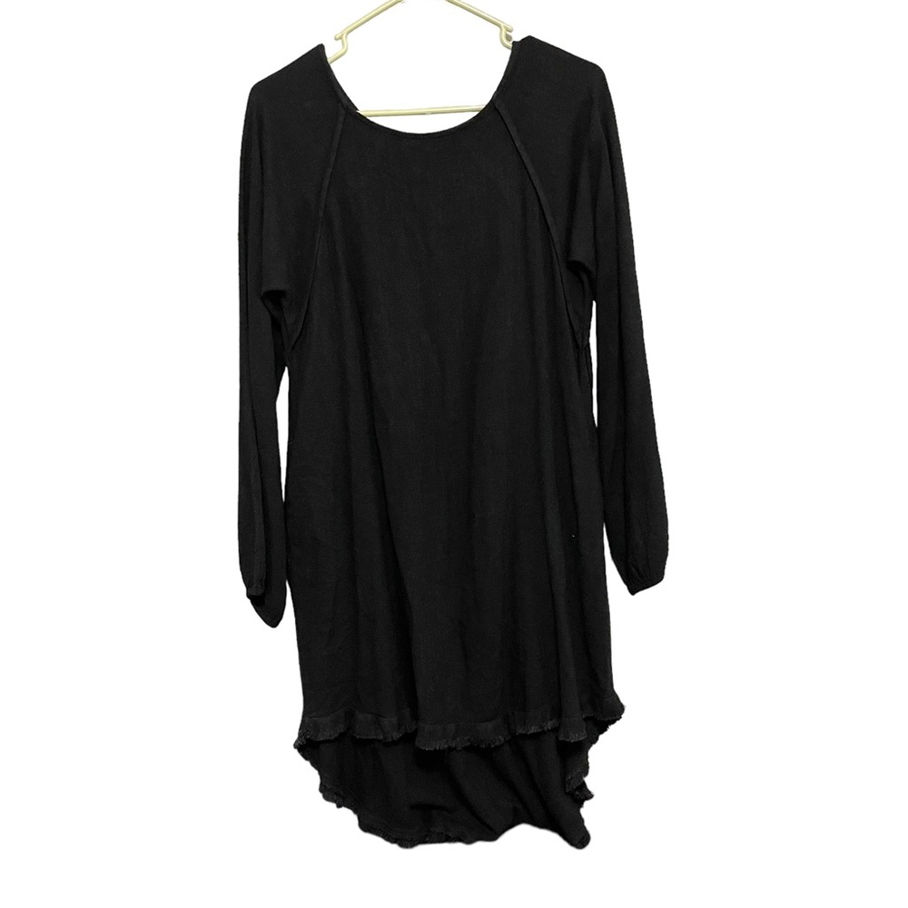 Umgee Long Sleeve Linen Blend Dress Black Fringe Rounded Womens Small